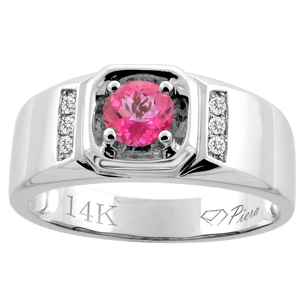 14K White Gold Natural Pink Topaz Men's Ring Diamond Accented 5/16 inch wide, sizes 9 - 14