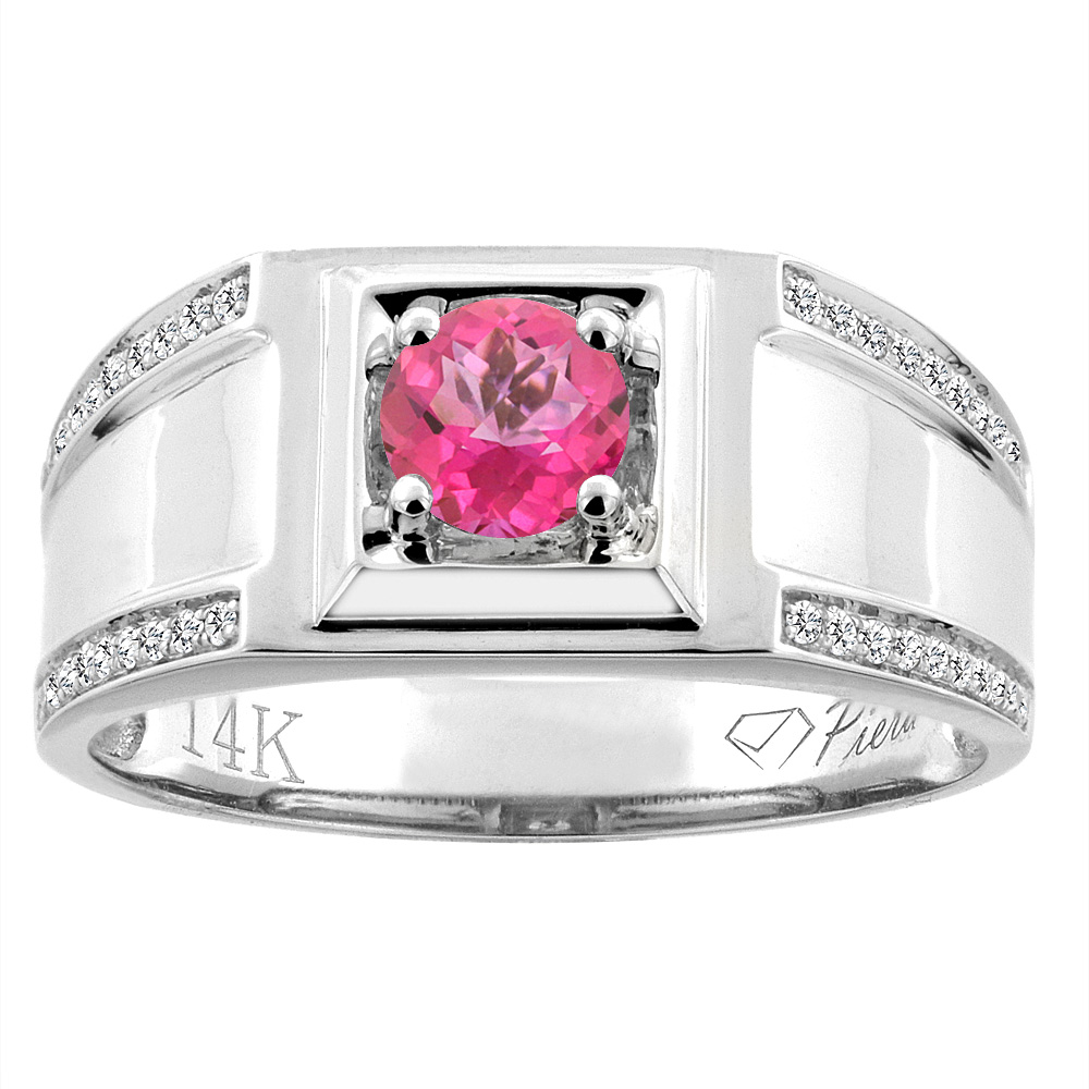 14K White Gold Natural Pink Topaz Men's Ring Diamond Accented 3/8 inch wide, sizes 9 - 14