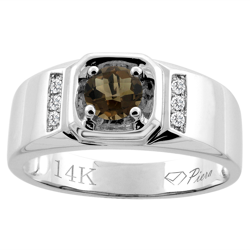 14K White Gold Natural Smoky Topaz Men's Ring Diamond Accented 5/16 inch wide, sizes 9 - 14