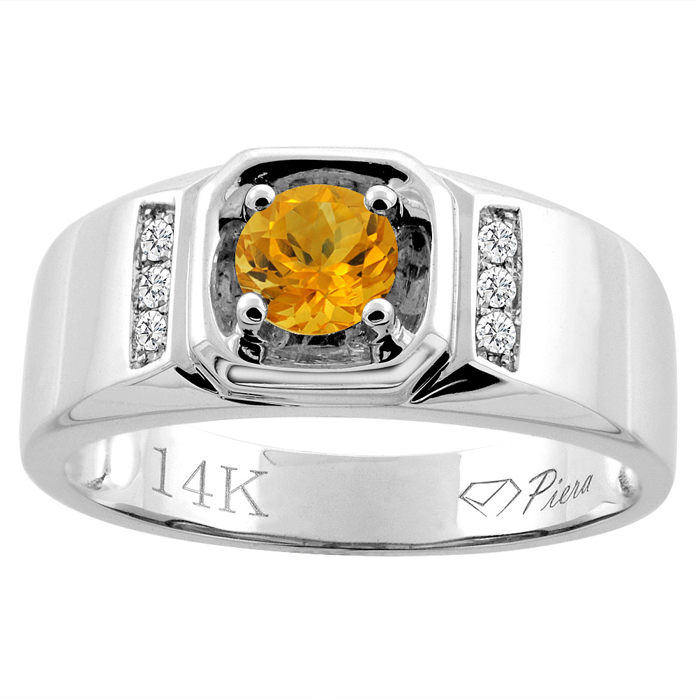 14K White Gold Natural Citrine Men&#039;s Ring Diamond Accented 5/16 inch wide, sizes 9 - 14