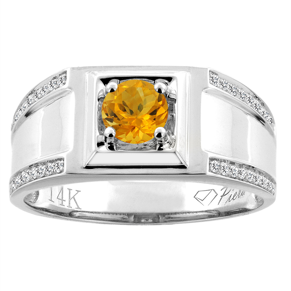 14K White Gold Natural Citrine Men&#039;s Ring Diamond Accented 3/8 inch wide, sizes 9 - 14