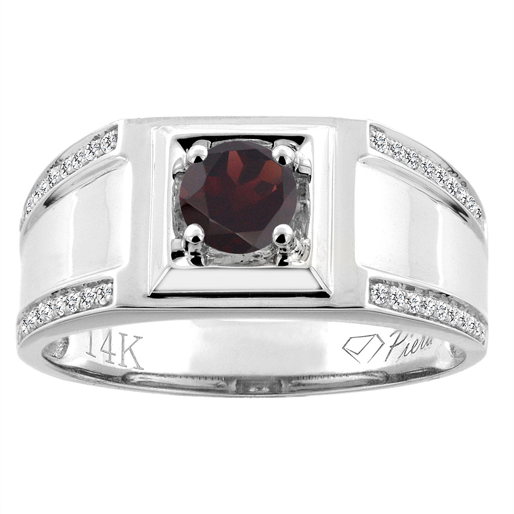 14K White Gold Natural Garnet Men&#039;s Ring Diamond Accented 3/8 inch wide, sizes 9 - 14