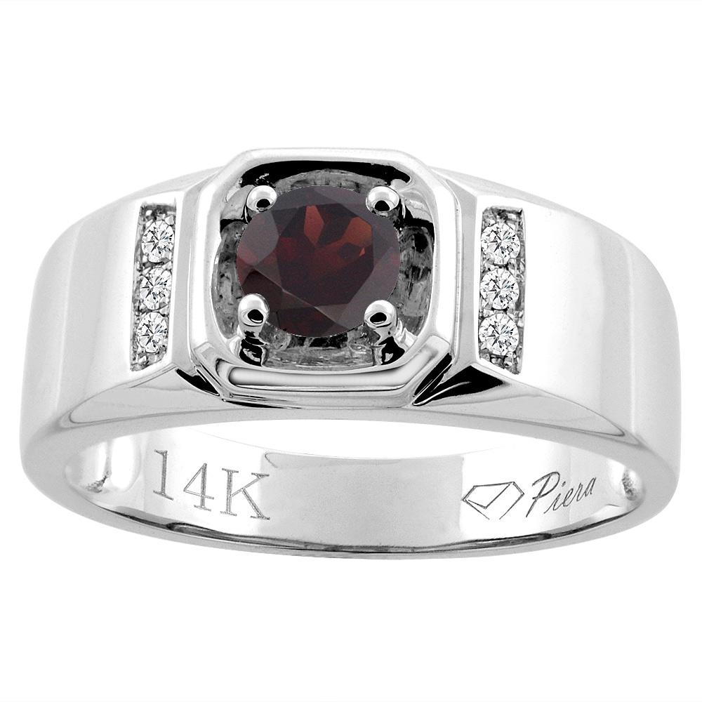 14K White Gold Natural Garnet Men&#039;s Ring Diamond Accented 5/16 inch wide, sizes 9 - 14