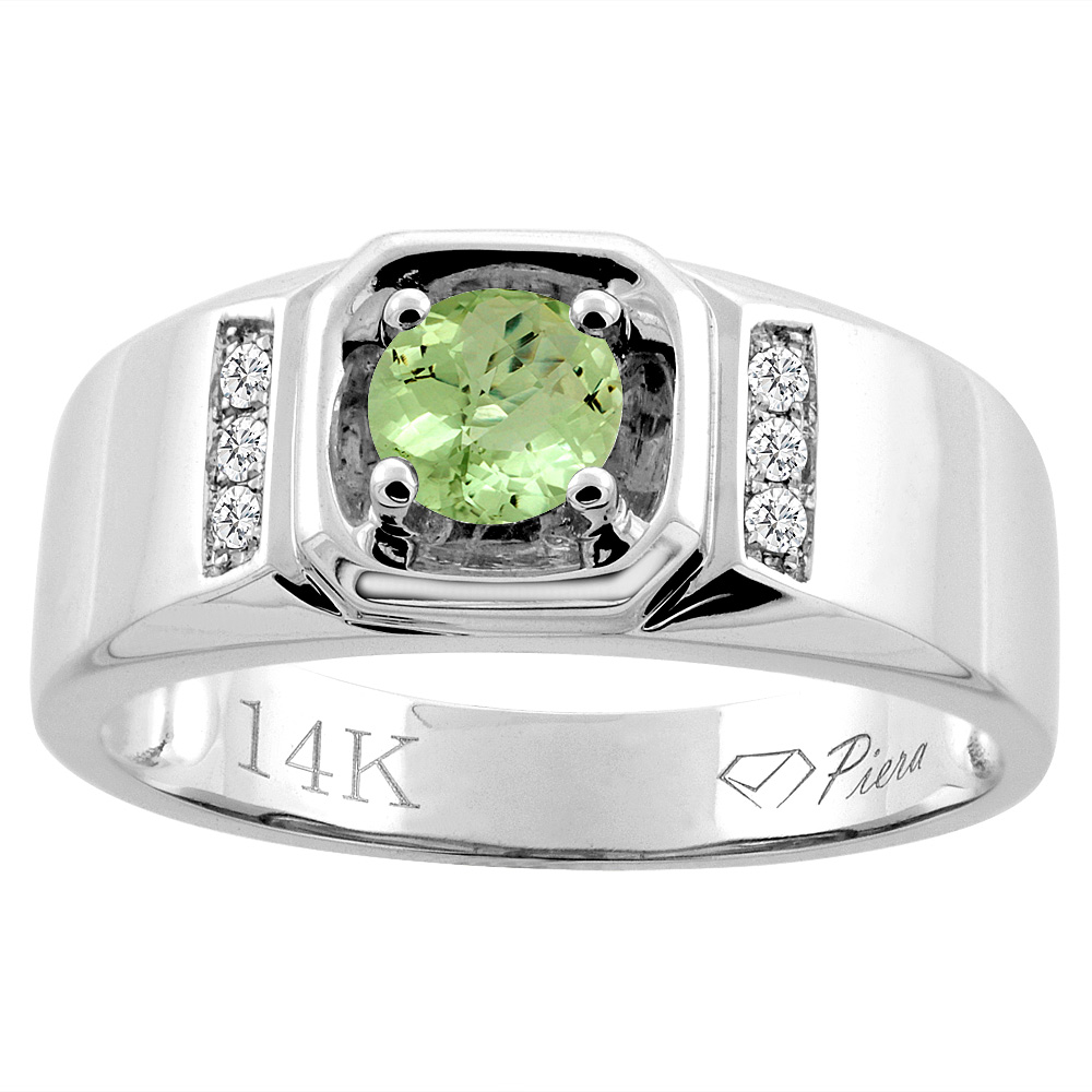14K White Gold Natural Peridot Men&#039;s Ring Diamond Accented 5/16 inch wide, sizes 9 - 14