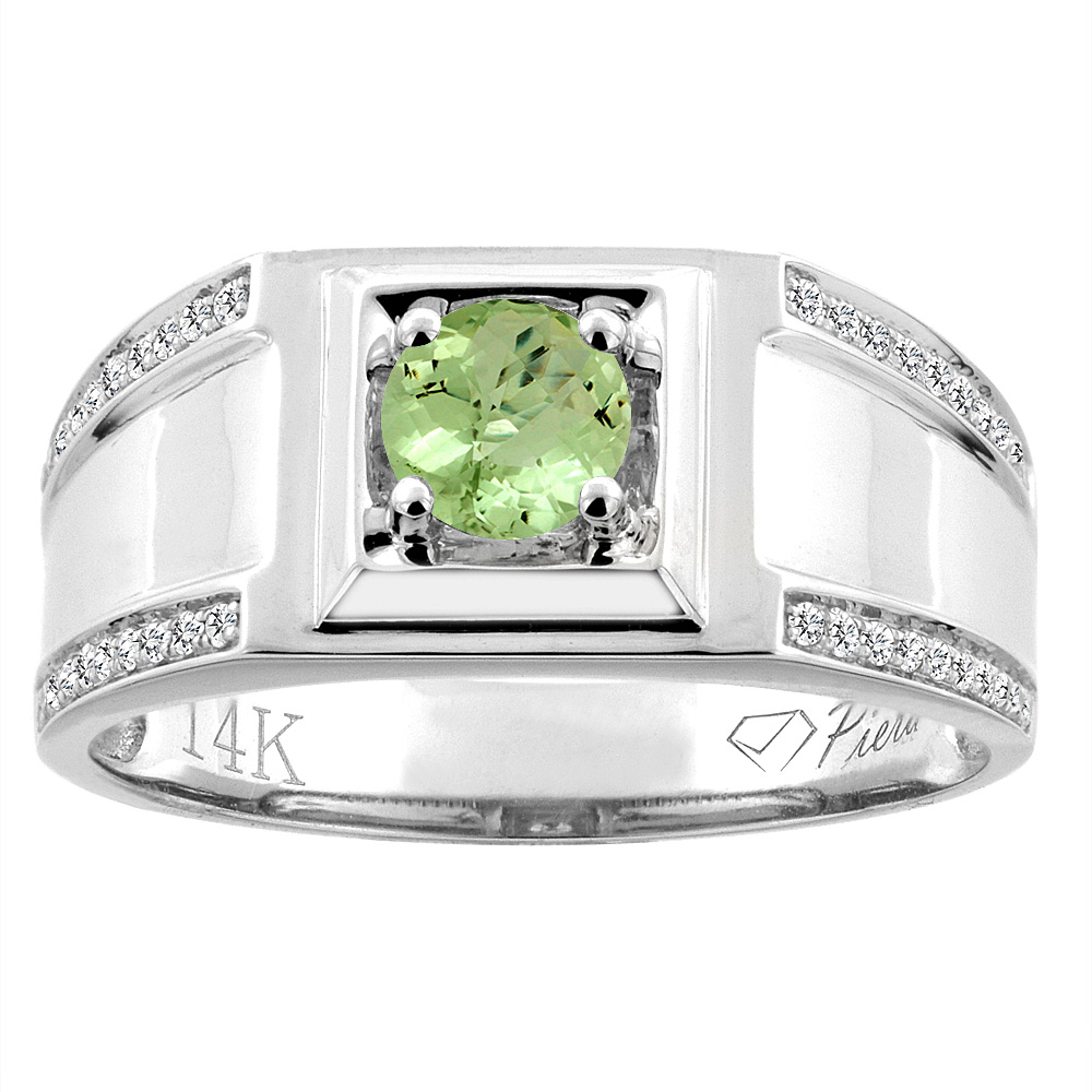 14K White Gold Natural Peridot Men&#039;s Ring Diamond Accented 3/8 inch wide, sizes 9 - 14