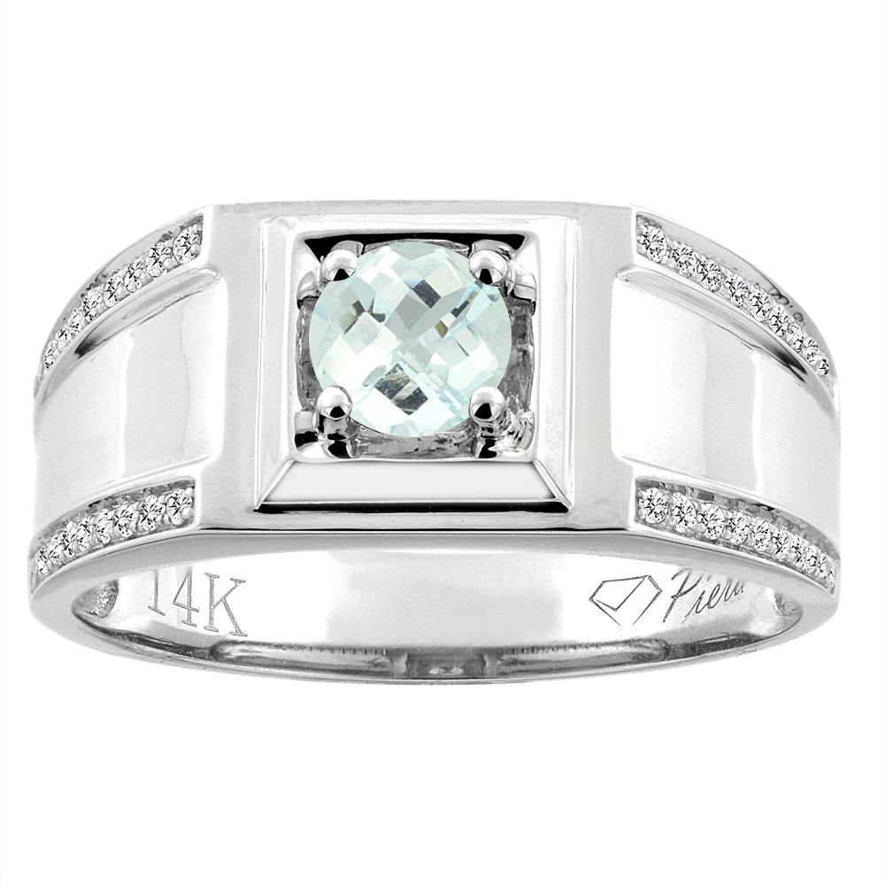 14K White Gold Natural Aquamarine Men&#039;s Ring Diamond Accented 3/8 inch wide, sizes 9 - 14