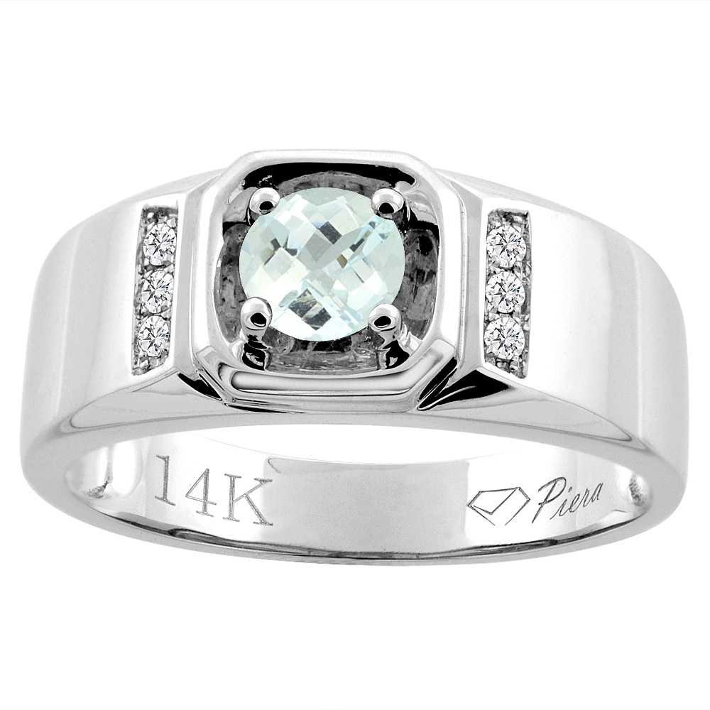 14K White Gold Natural Aquamarine Men's Ring Diamond Accented 5/16 inch wide, sizes 9 - 14