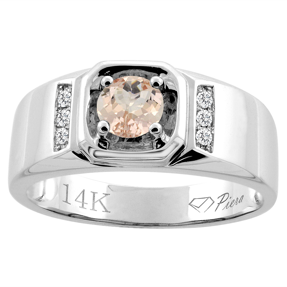 14K White Gold Natural Morganite Men's Ring Diamond Accented 5/16 inch wide, sizes 9 - 14