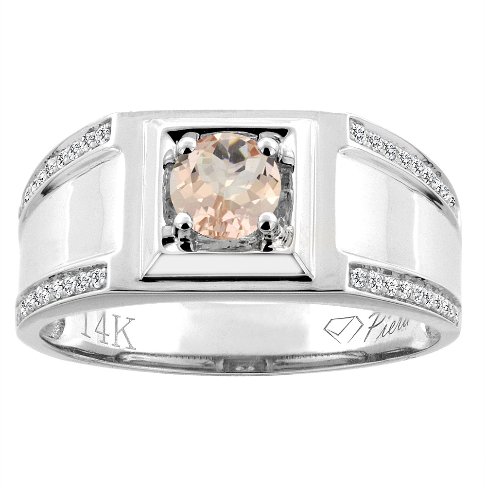 14K White Gold Natural Morganite Men&#039;s Ring Diamond Accented 3/8 inch wide, sizes 9 - 14