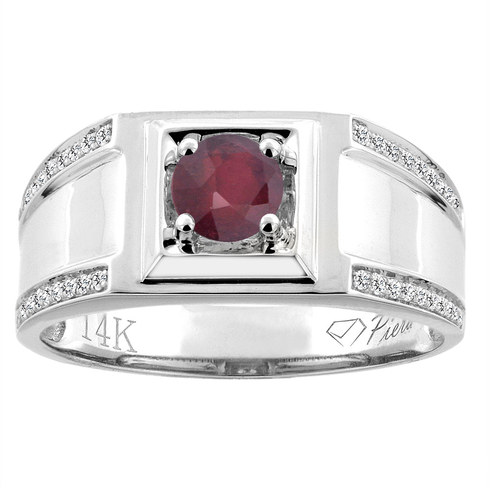 14K White Gold Enhanced Ruby Men&#039;s Ring Diamond Accented 3/8 inch wide, sizes 9 - 14