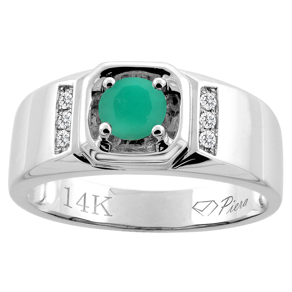 14K White Gold Natural Emerald Men&#039;s Ring Diamond Accented 5/16 inch wide, sizes 9 - 14