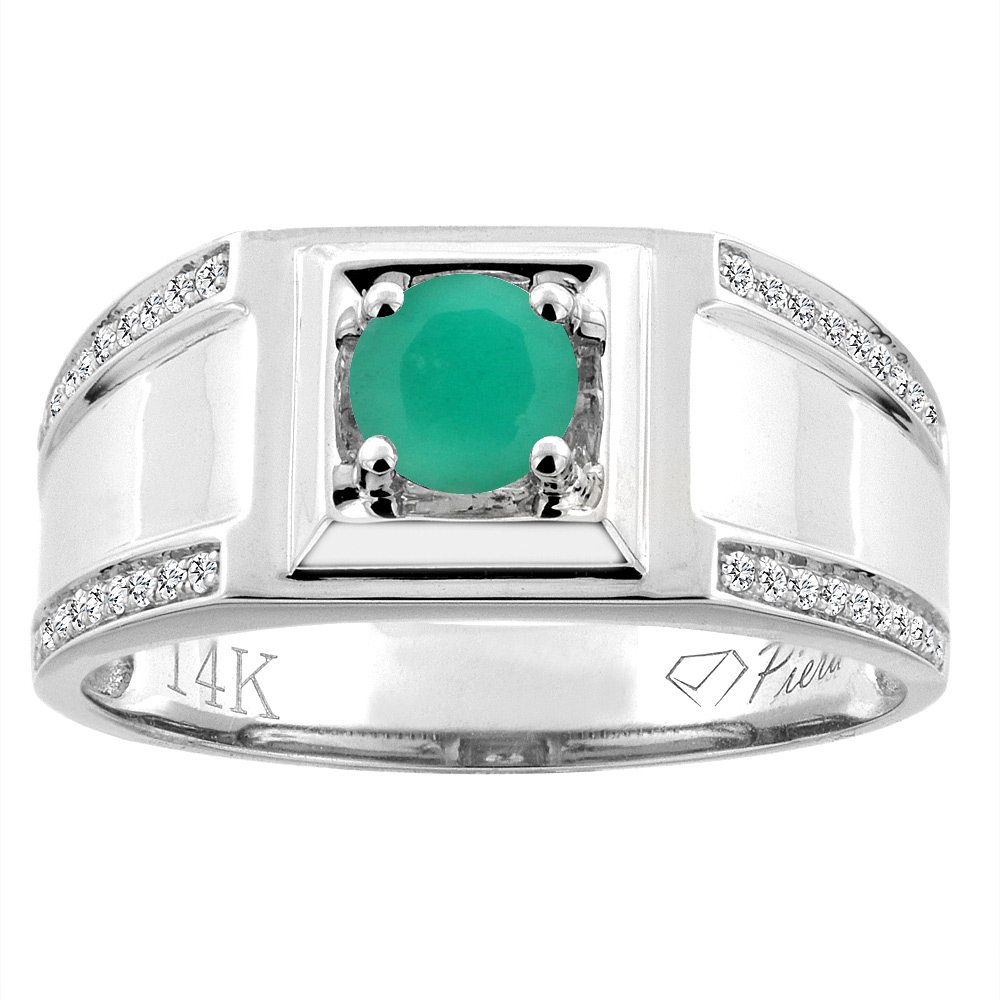 14K White Gold Natural Emerald Men&#039;s Ring Diamond Accented 3/8 inch wide, sizes 9 - 14