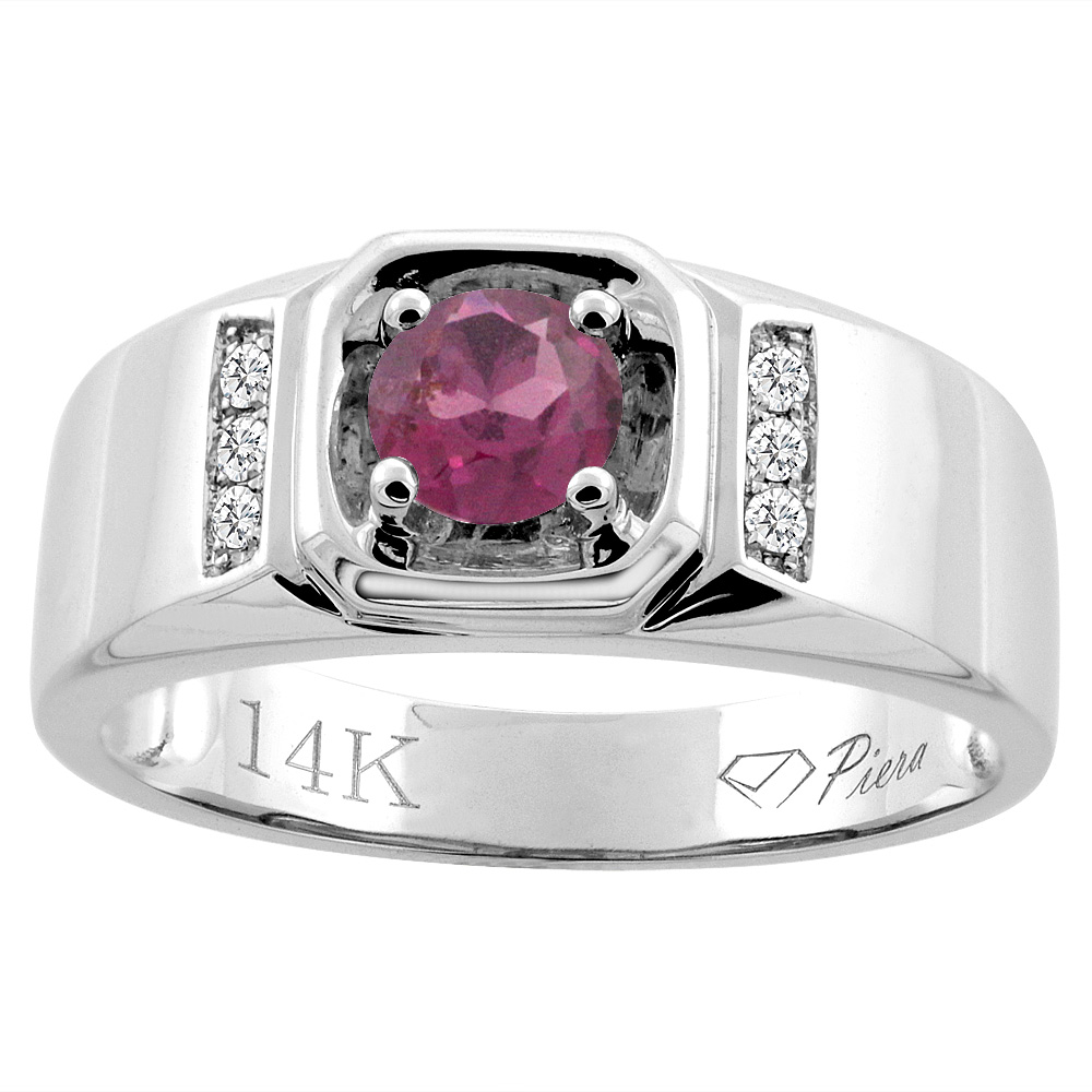 14K White Gold Natural Rhodolite Men&#039;s Ring Diamond Accented 5/16 inch wide, sizes 9 - 14