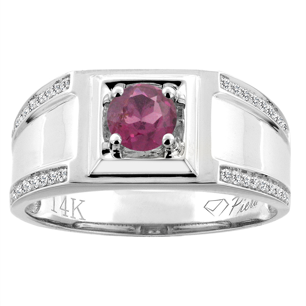 14K White Gold Natural Rhodolite Men&#039;s Ring Diamond Accented 3/8 inch wide, sizes 9 - 14