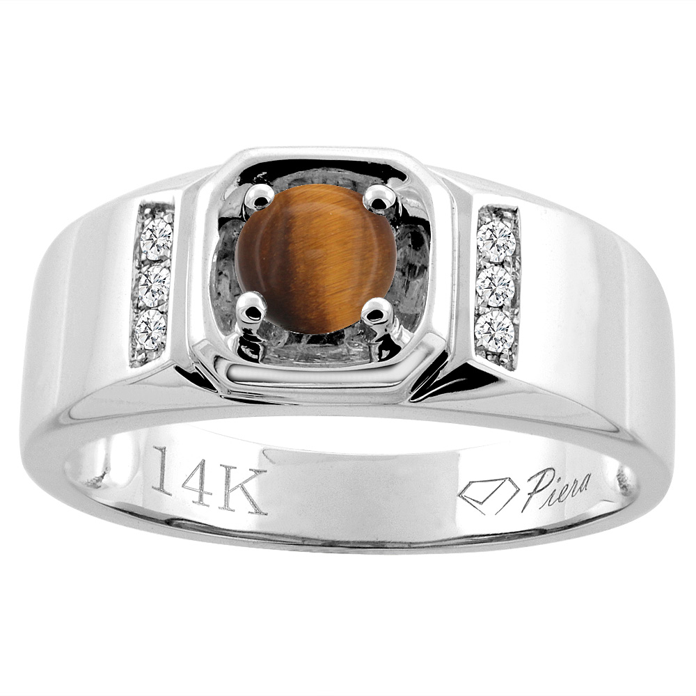 14K White Gold Natural Tiger Eye Men's Ring Diamond Accented 5/16 inch wide, sizes 9 - 14