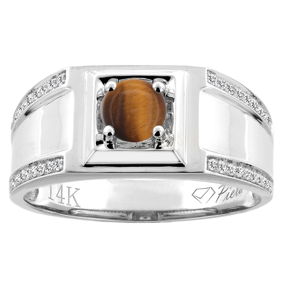 14K White Gold Natural Tiger Eye Men's Ring Diamond Accented 3/8 inch wide, sizes 9 - 14
