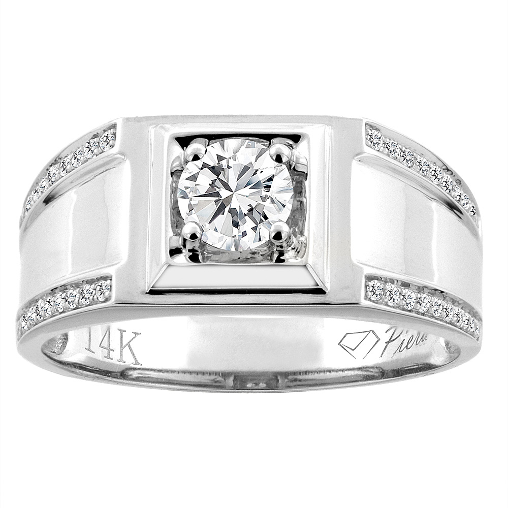 14K White Gold Men&#039;s Diamond Ring 0.66 cttw 3/8 inch wide, sizes 9 - 14