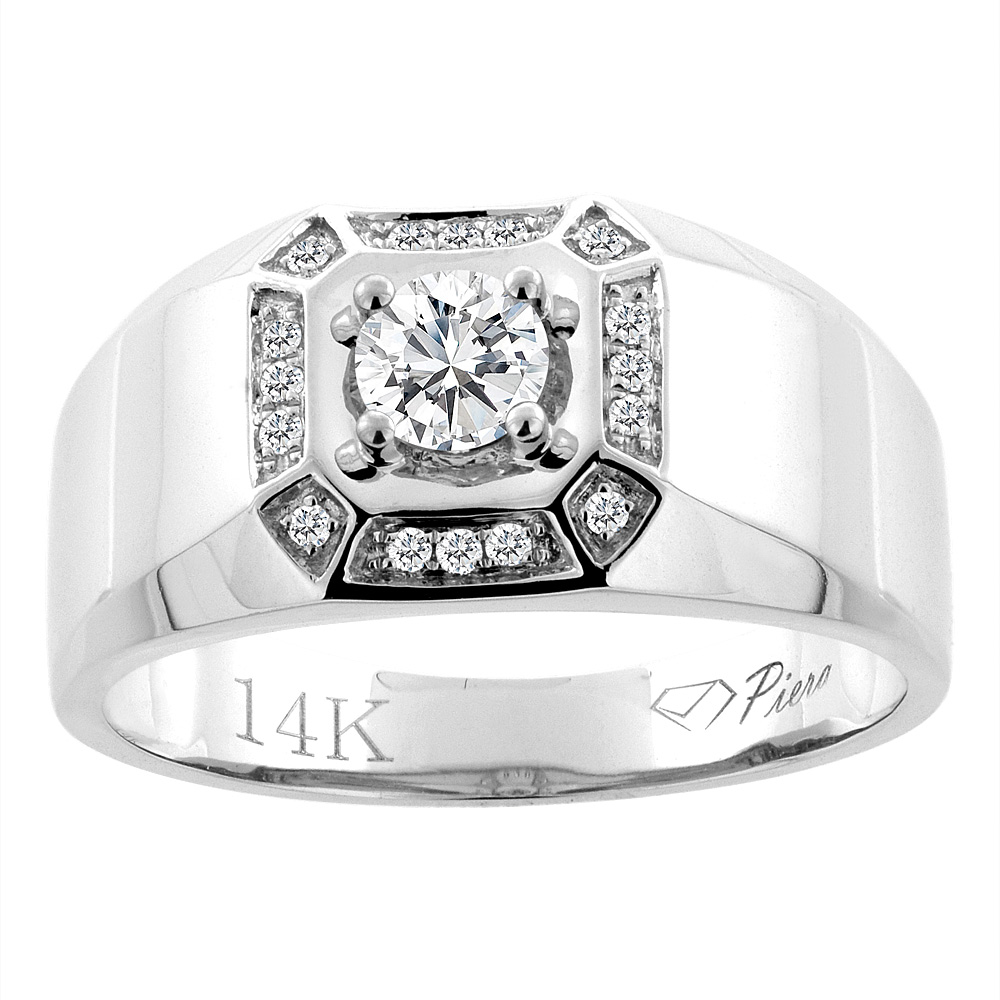 14K White Gold Octagonal Men&#039;s Diamond Ring 0.41 cttw 7/16 inch wide, sizes 9 - 14