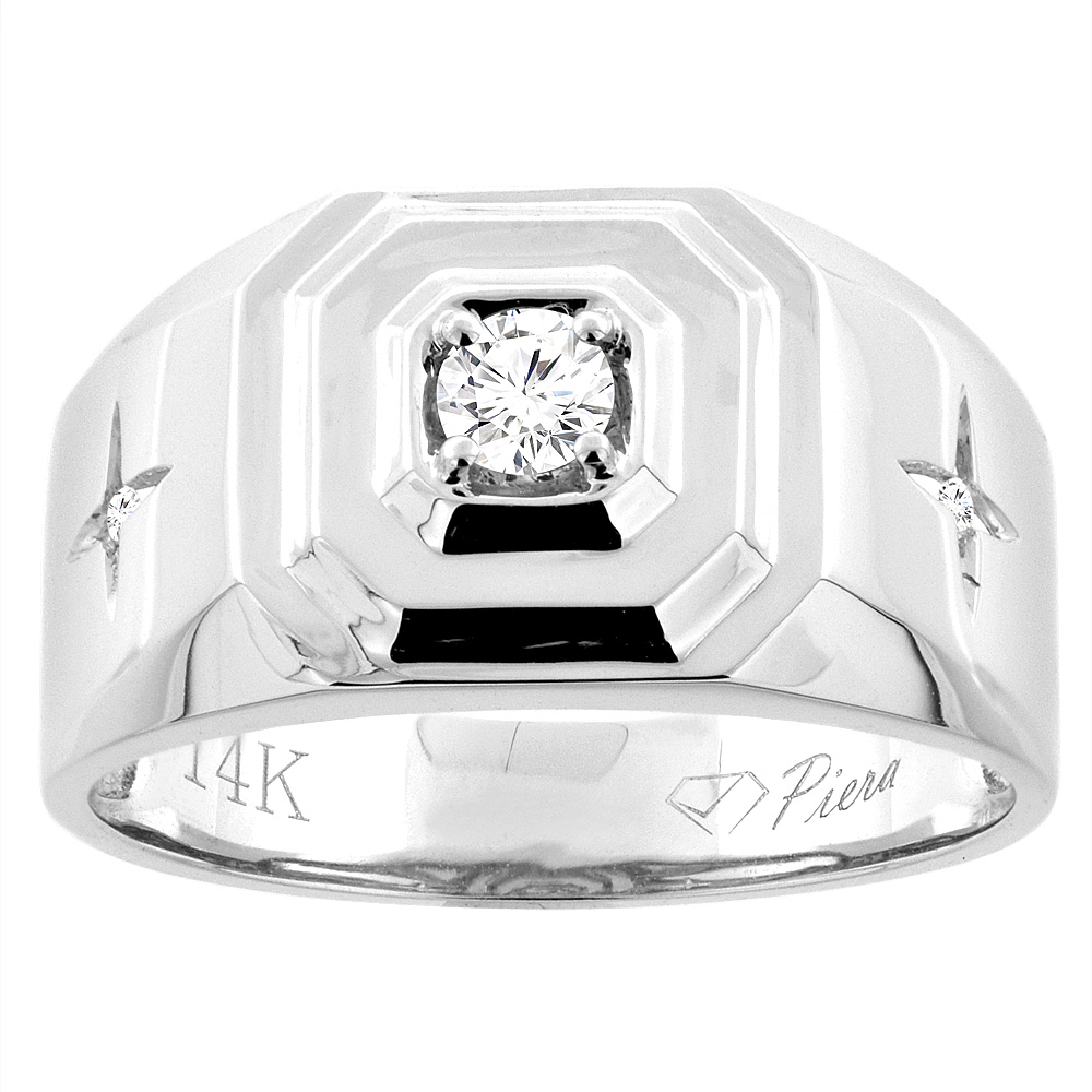 14K White Gold Men's Diamond Ring 0.18 cttw 7/16 inch wide, sizes 9 - 14