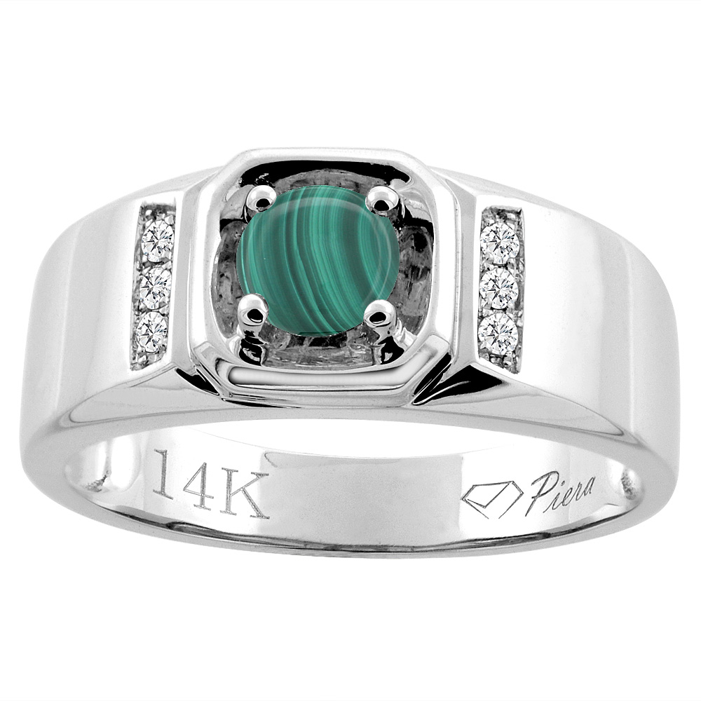 14K White Gold Natural Malachite Men&#039;s Ring Diamond Accented 5/16 inch wide, sizes 9 - 14