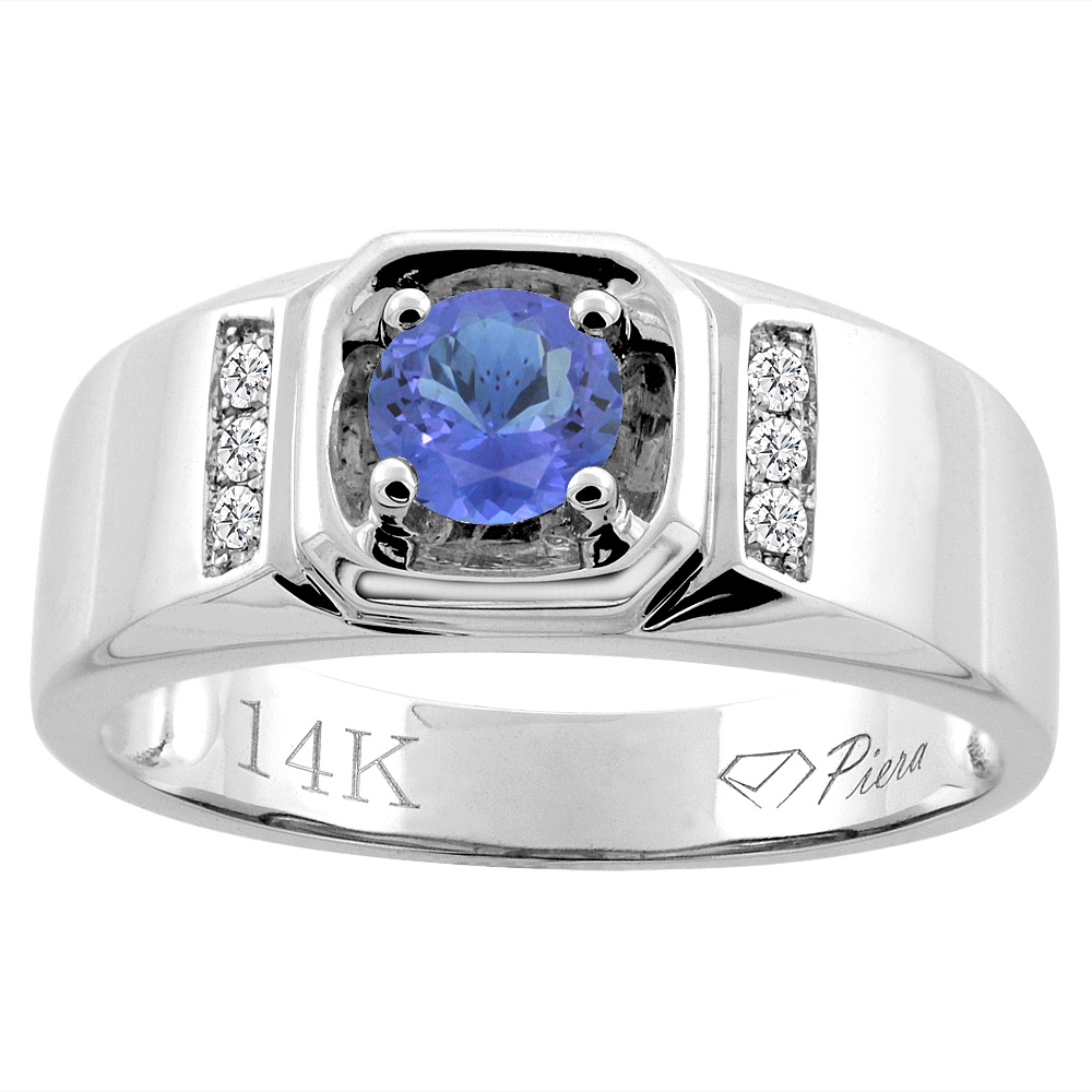 14K White Gold Natural Tanzanite Men's Ring Diamond Accented 5/16 inch wide, sizes 9 - 14