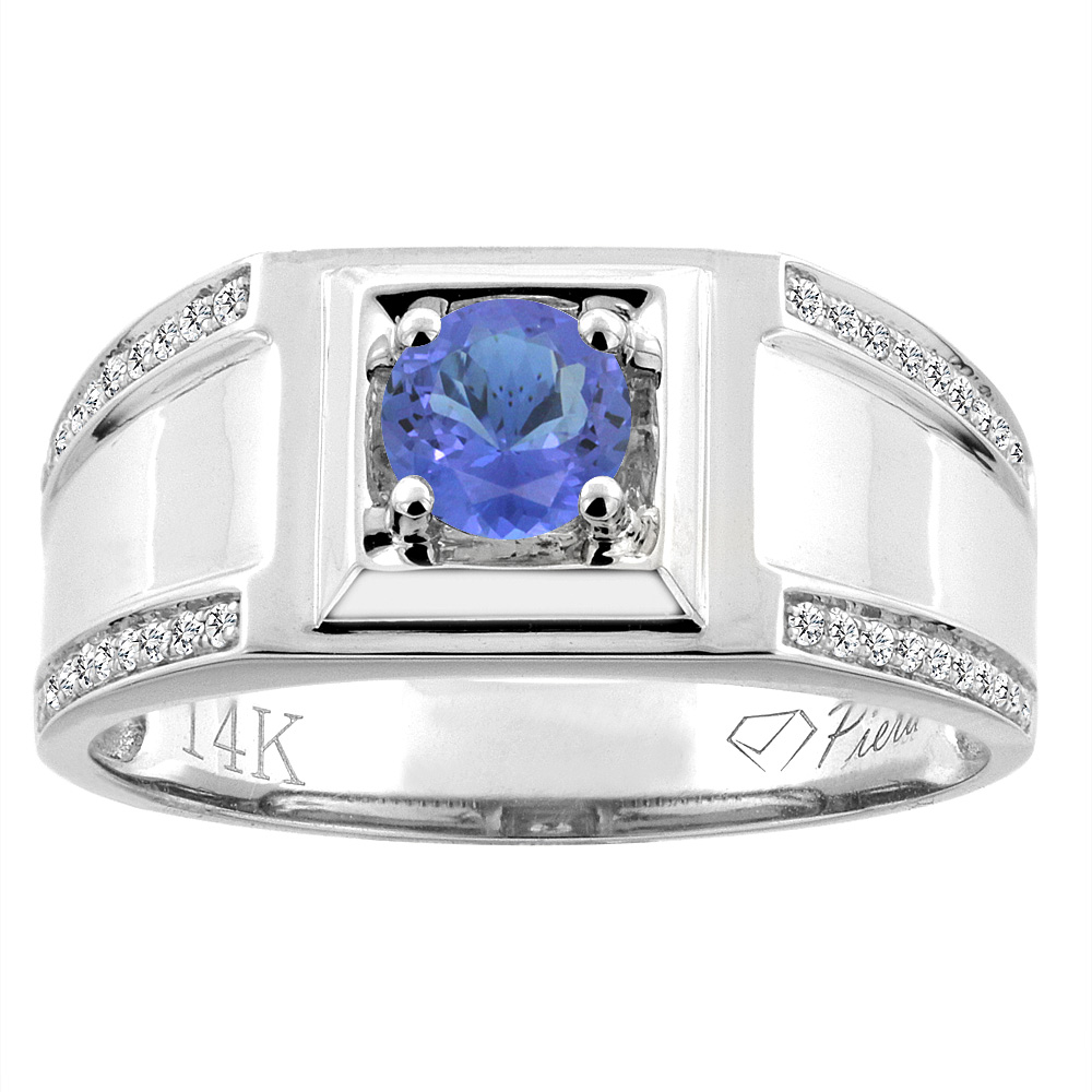 14K White Gold Natural Tanzanite Men&#039;s Ring Diamond Accented 3/8 inch wide, sizes 9 - 14