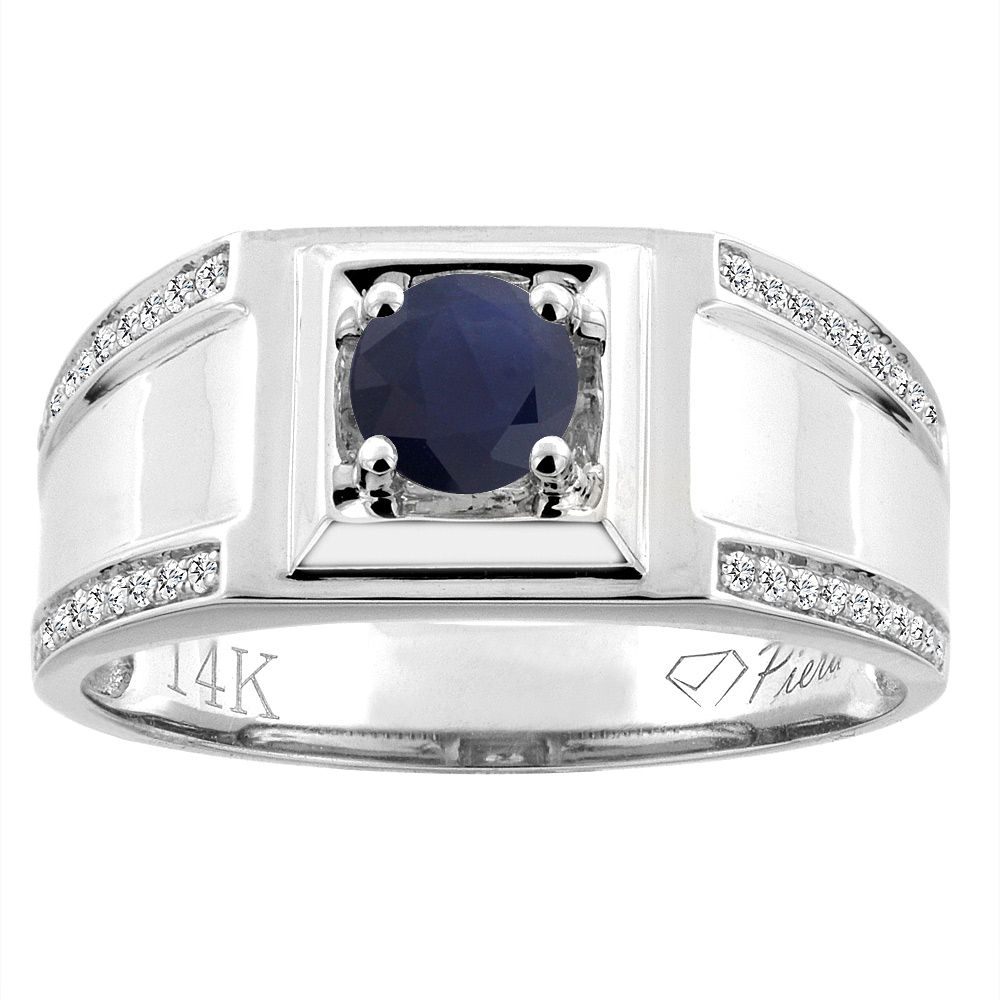 14K White Gold Natural HQ Blue Sapphire Men&#039;s Ring Diamond Accented 3/8 inch wide, sizes 9 - 14