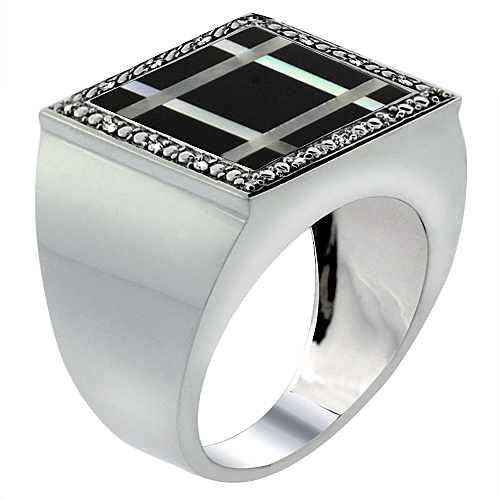 10k White Gold Diamond Natural Onyx & Mother of Pearl Mosaic Ring Square Grid 9/16 inch wide, size 9-14