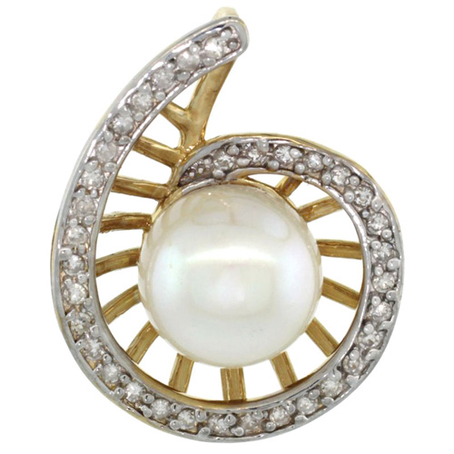 14k Gold 18 in. Thin Chain &amp; Swirl Pearl Pendant w/ 0.19 Carat Brilliant Cut ( H-I Color; VS2-SI1 Clarity ) Diamonds &amp; 9mm White Pearl
