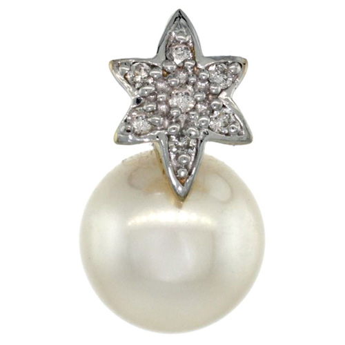 14k Gold 18 in. Thin Chain &amp; Flower Pearl Pendant w/ 0.07 Carat Brilliant Cut ( H-I Color; VS2-SI1 Clarity ) Diamonds &amp; 9mm White Pearl