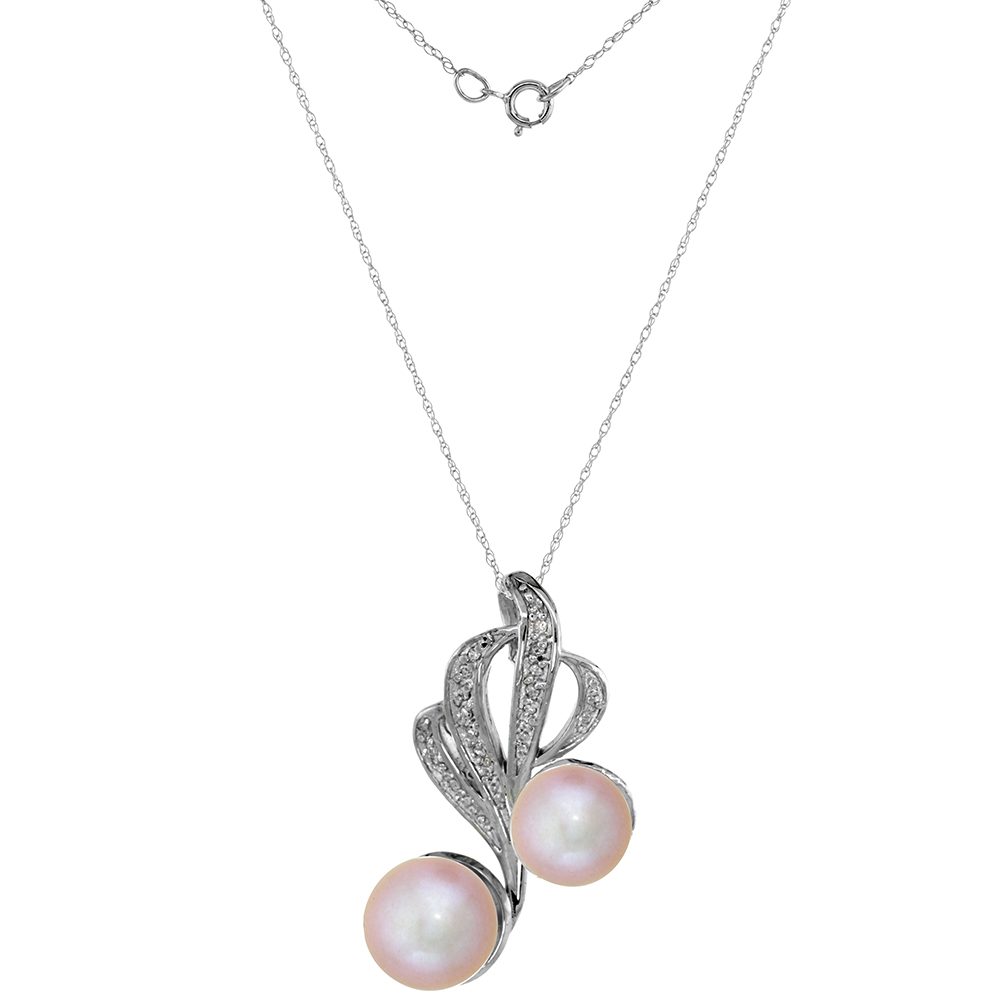 14k White Gold Diamond 9mm & 11mm Pink Pearl Necklace 0.23 ct Round Brilliant cut, 18 inch long
