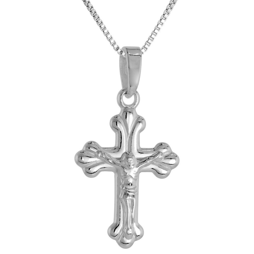 7/8 inch Sterling Silver Small Budded Cross Crucifix Necklace for Women and Men Solid Back Flawless High Polished Finish 0.8mm Box_Chain