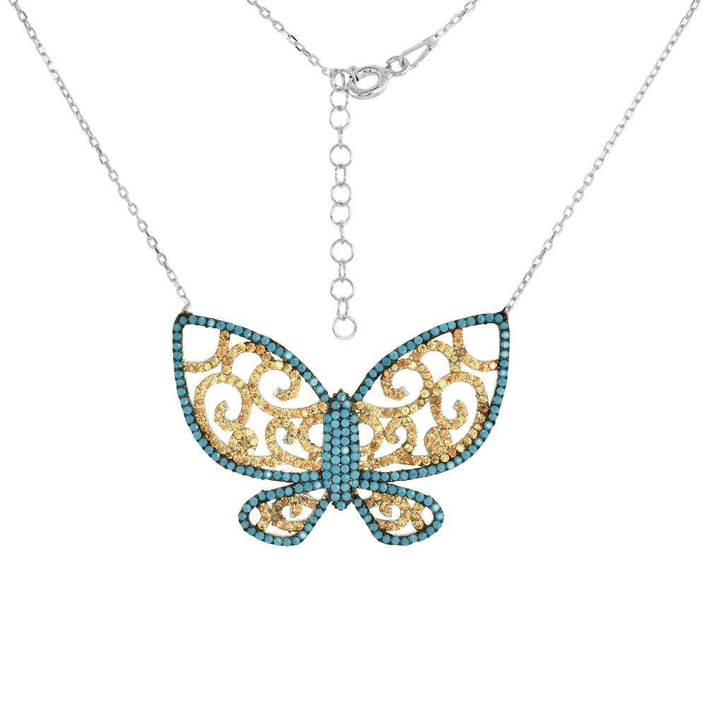 Sterling Silver Cubic Zirconia Butterfly Necklace Turquoise and Gold color CZ 18 inch + 1 inch Extension