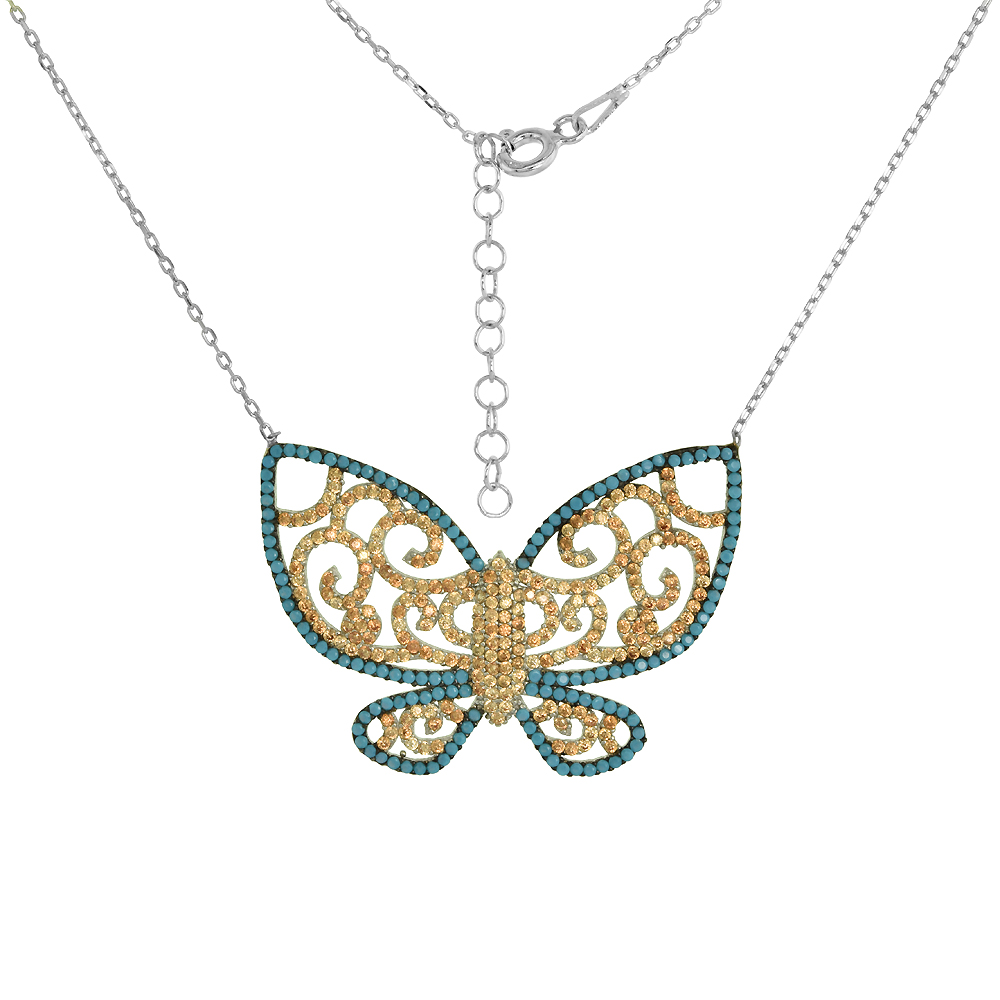 Sterling Silver Nano CZ Turquoise Butterfly Necklace for Women Gold color CZ Body 18 + 1 inch Extension
