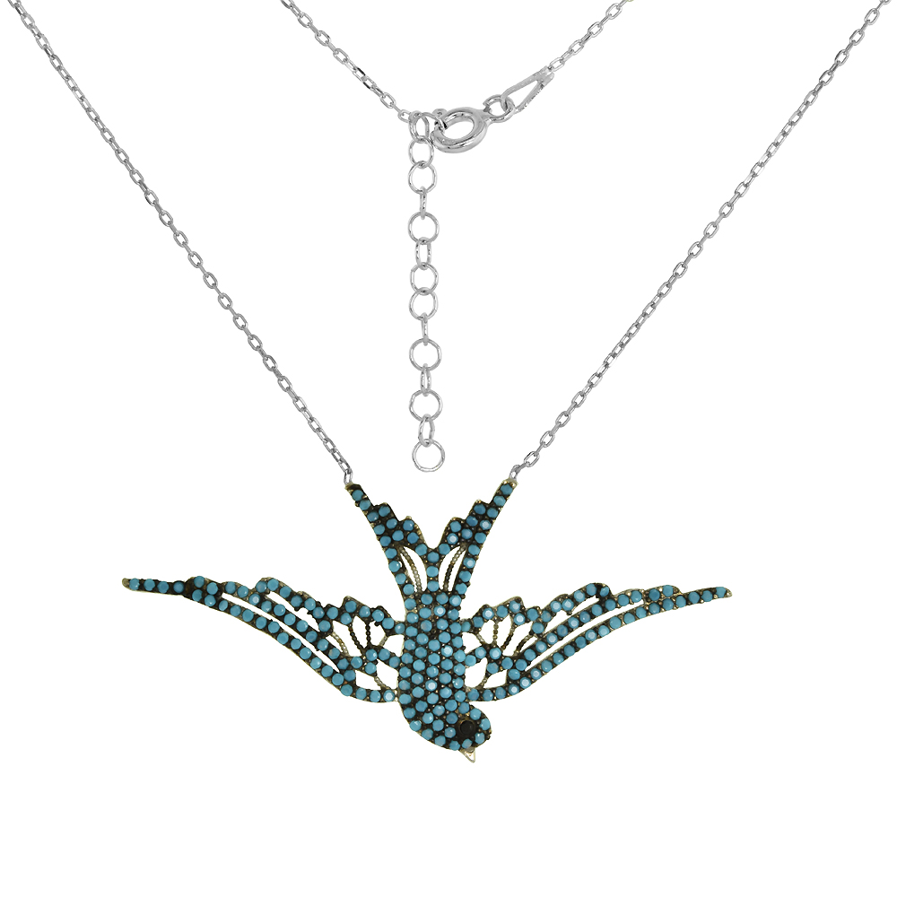 Sterling Silver Nano CZ Turquoise Swallow Bird Necklace for Women 16 + 2 inch Extension