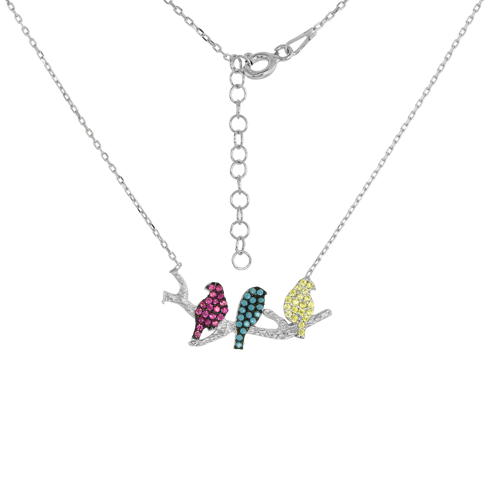 Sterling Silver Nano CZ Turquoise 3 Perching Birds Necklace for Women Rose & Yellow Cubic Zirconia 16 + 1 inch Extension
