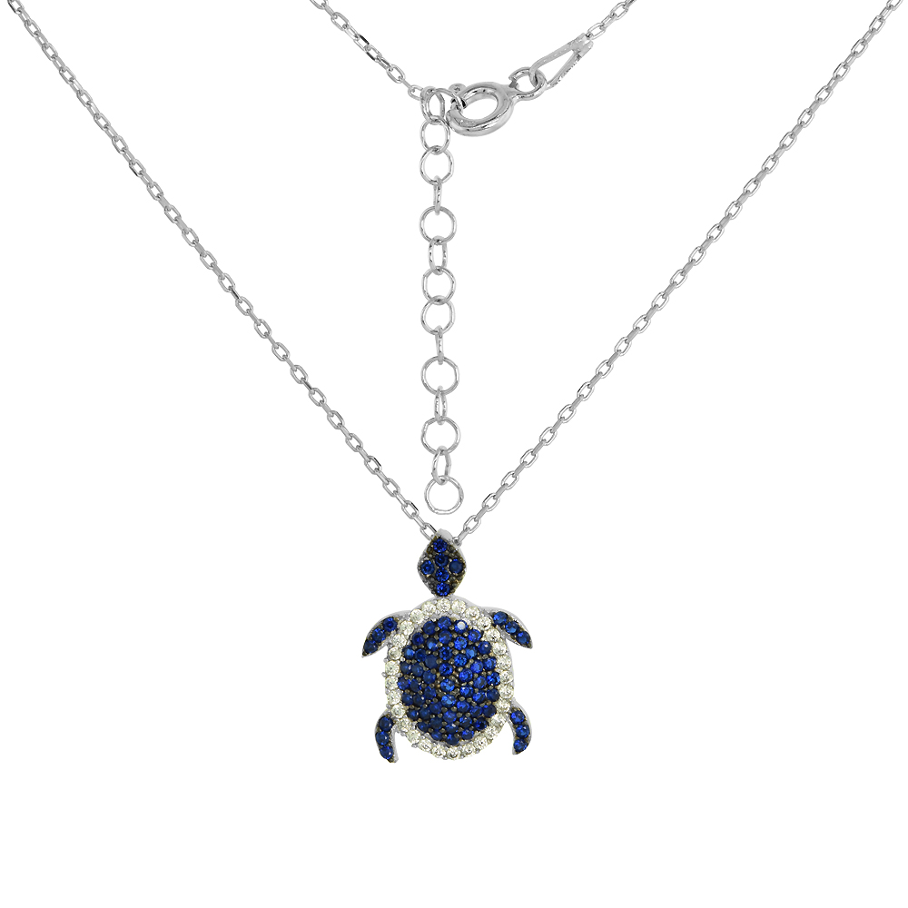Sterling Silver Cubic Zirconia Sapphire & Turquoise Sea Turtle Necklace 16 inch + 2 inch Extension