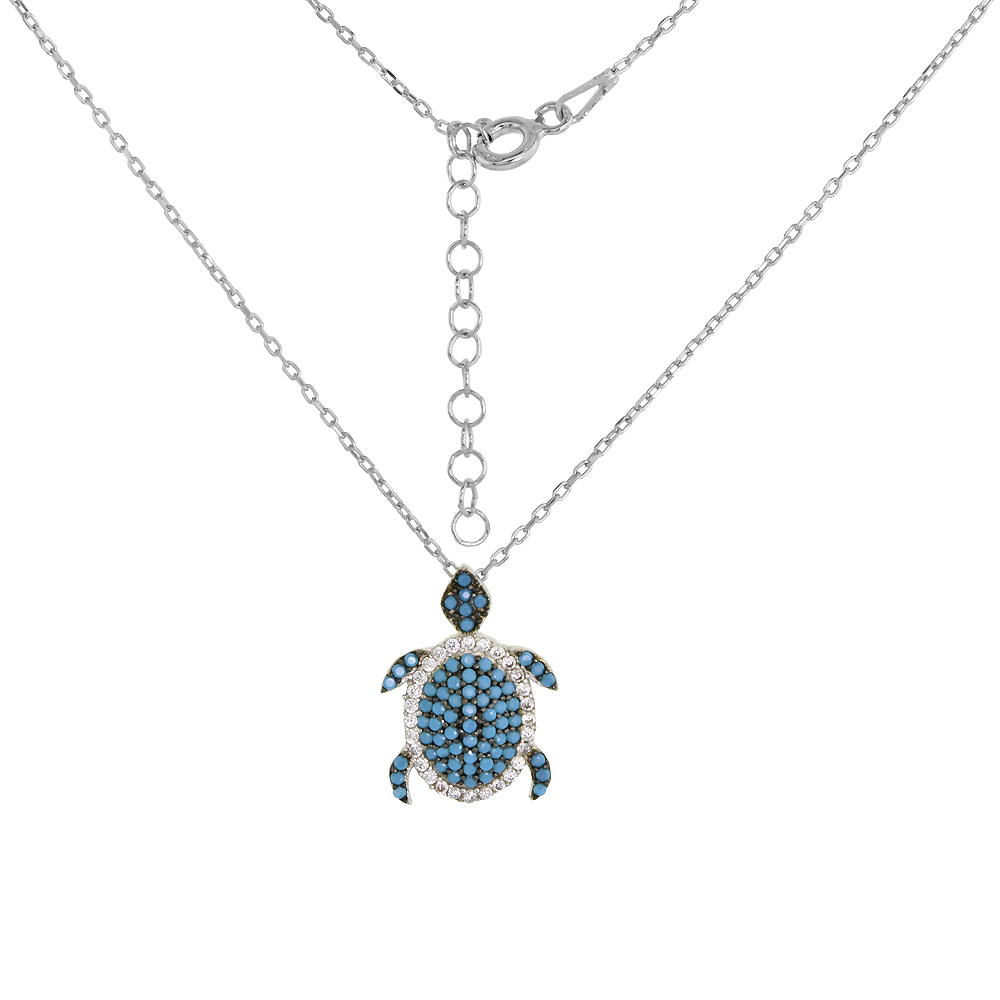 Sterling Silver Nano CZ Turquoise Sea Turtle Necklace for Women CZ 16 + 2 inch Extension