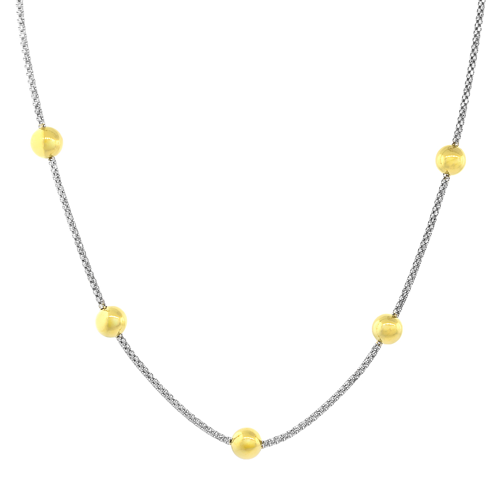 Sterling Silver Yellow Gold Plated Round Bead Necklace Rhodium Finish, 16 inches long + 2 inch extension