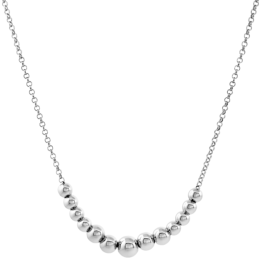 Sterling Silver Round Bead Necklace Rhodium Finish, 16.5 inches long + 1 inch extension