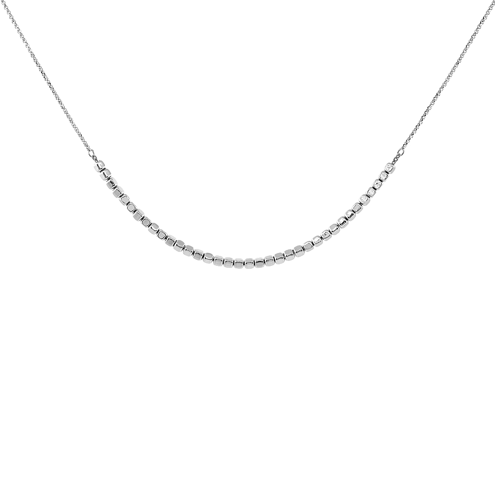 Sterling Silver Italian Square Bead Necklace Rhodium Finish, 16.5 inch long + 2 inch extension
