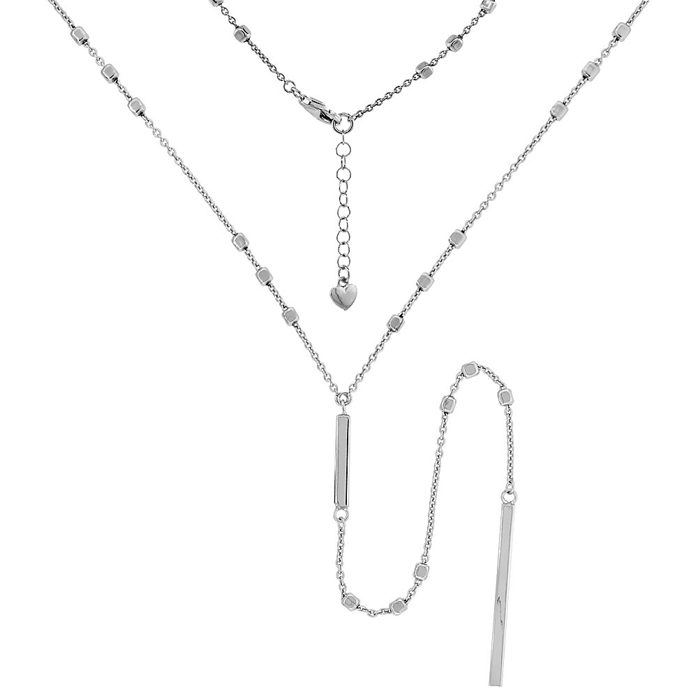 Sterling Silver Italian Square Bead Necklace Rhodium Finish, 22 inch long + 1 inch extension