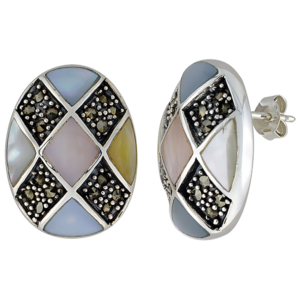 Sterling Silver Marcasite and Colorful Natural Shell Earrings Oval, 5/8 inch wide