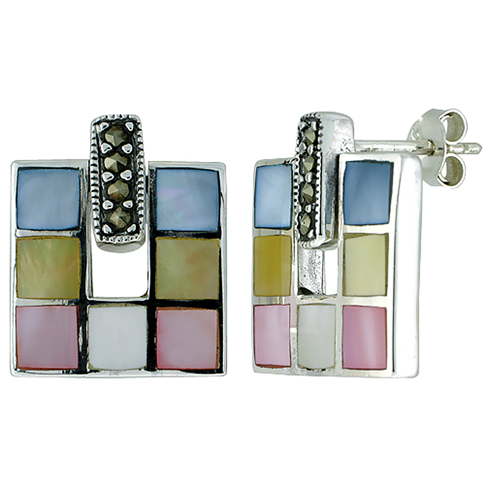 Sterling Silver Colorful Natural Shell Square Earrings Marcasite Accented Post, 3/4 inch wide