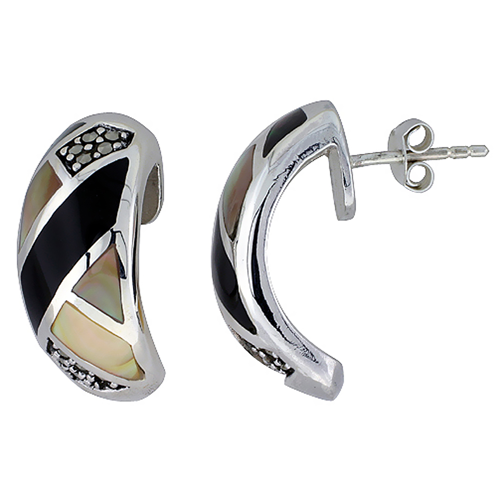 Sterling Silver Marcasite and Natural Shell Earrings Black Stripe, 7/16 inch wide