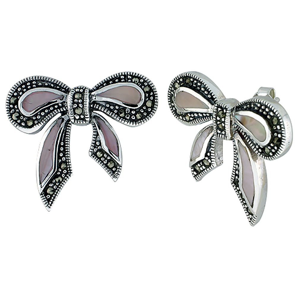 Sterling Silver Natural Marcasite and Pink Shell Bow Earrings, 7/8 inch wide