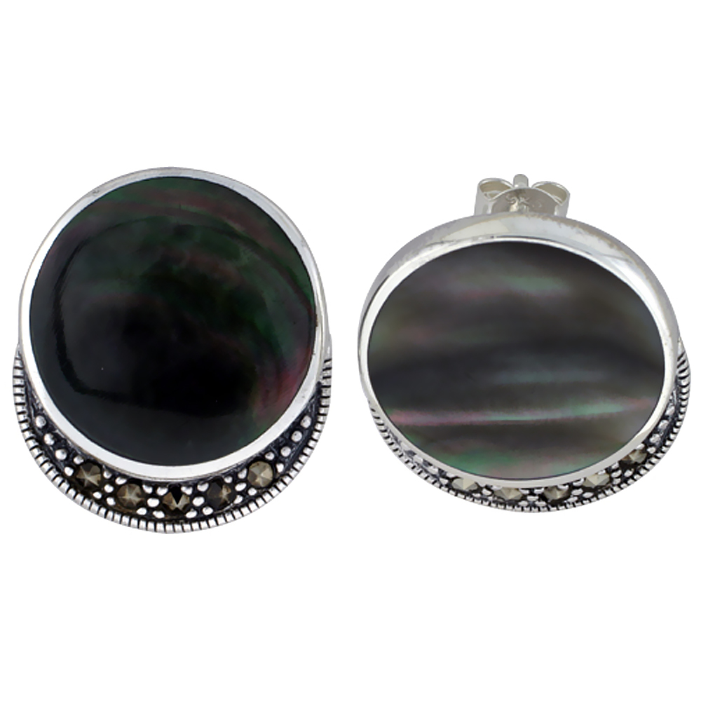 Sterling Silver Natural Shell Round Earrings Marcasite Accent, 13/16 inch wide