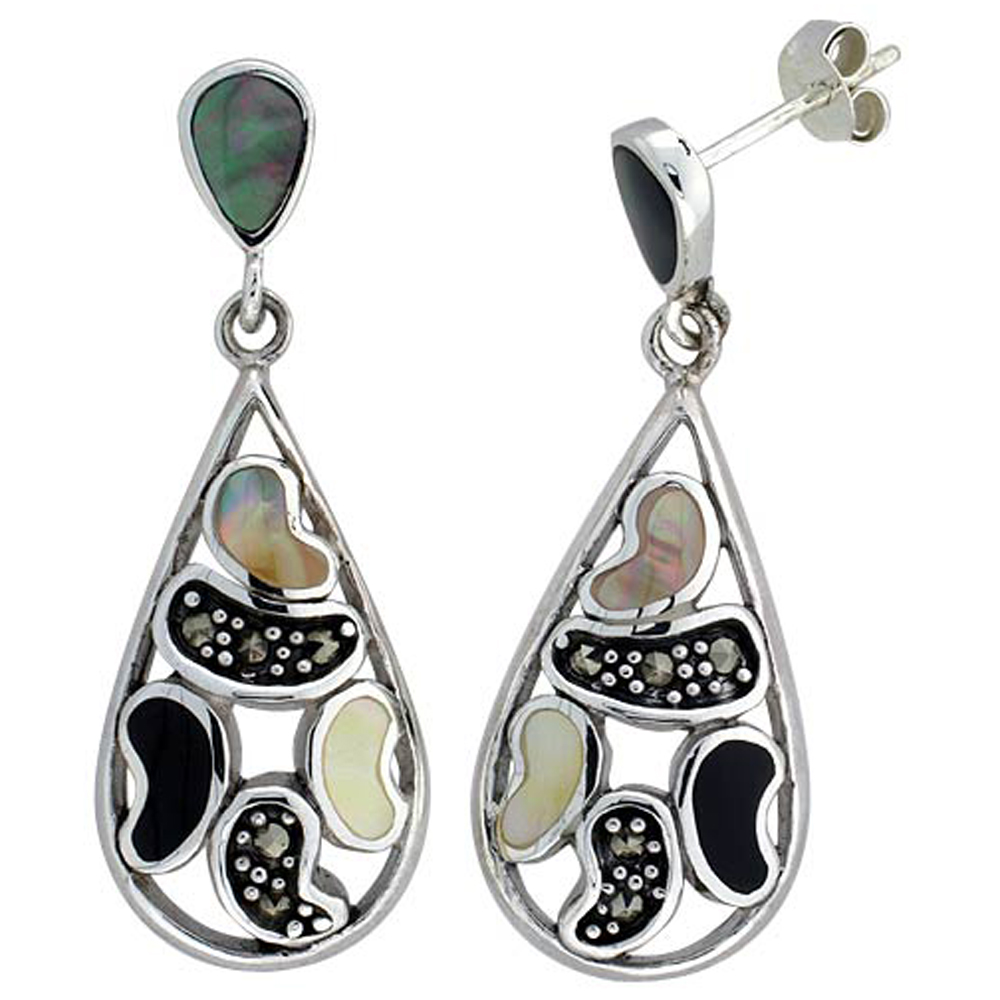 Sterling Silver Marcasite and Natural Shell Earrings Open Teardrop, 9/16 inch wide