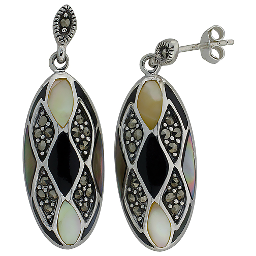 Sterling Silver Marcasite and Natural Shell Earrings Oval, 1/2 inch wide