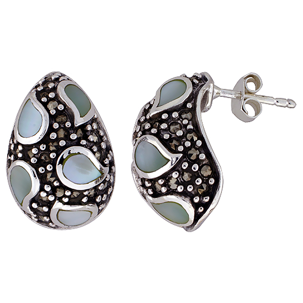Sterling Silver Marcasite and Natural Green Shell Earrings Teardrop, 1/2 inch wide